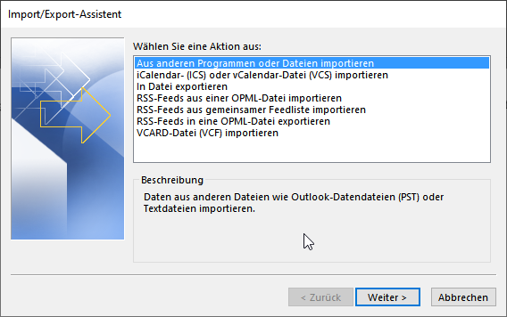 Import/Export-Assistent Microsoft Outlook