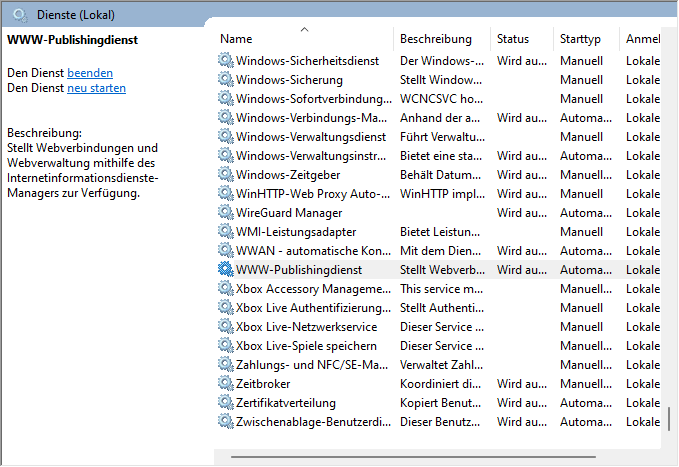 Windows-Dienste mit laufendem WWW-Publishingdienst