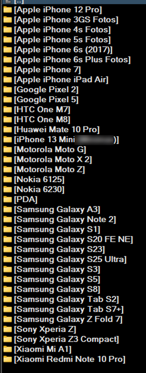 Ordnerliste mit Namen von über 30 Smartphones und Tablets von Apple, Samsung, Google, HTC, Sony, Motorola, Nokia, Huawei und Xiaomi
