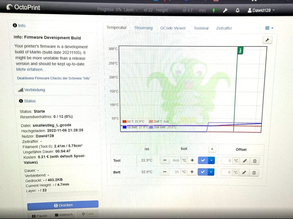 Octoprint Weboberfläche mit Temperaturverlauf und Druckstatus