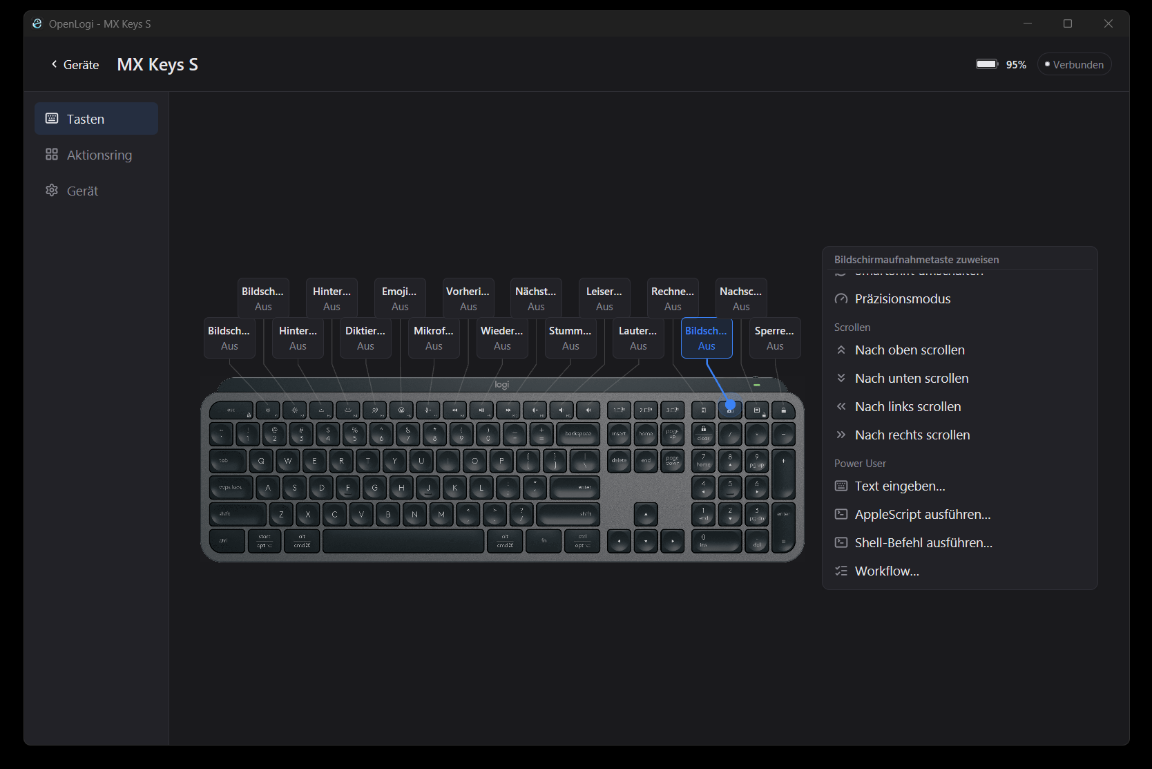 OpenLogi mit ausgewählter Screenshot-Taste der MX Keys S und Menü Shell-Befehl ausführen