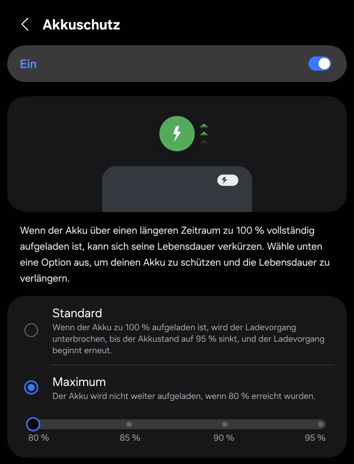 Samsung Einstellung Akkuschutz mit Modus Maximum und Ladegrenze 80 Prozent