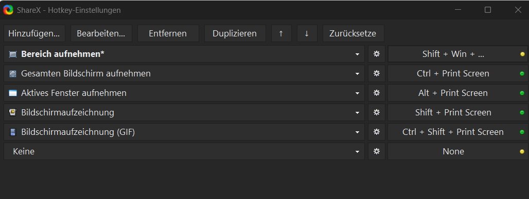 ShareX Hotkey-Einstellungen: Bereich aufnehmen mit Shift + Win + S und gelbem Punkt